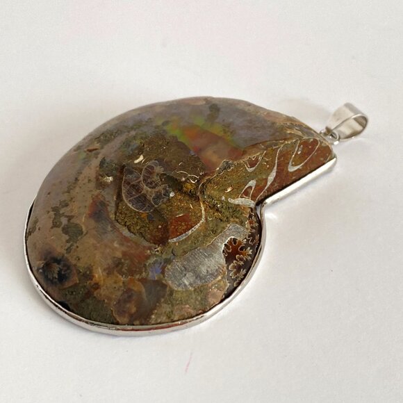 Large Brown Iridescent Ammonite Spiral Fossil Sterling Silver Pendant 2in Long - Picture 4 of 10